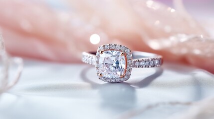Wedding rings with diamonds on a white satin background - obrazy, fototapety, plakaty