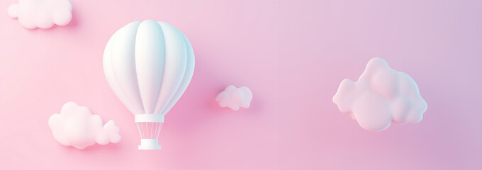 Cute pastel hot air balloon flying in the air. Design illustration of scene with hot air balloons float up in the sky on 3D paper art style. Hot air balloon float up in the sky. pastel paper cut 