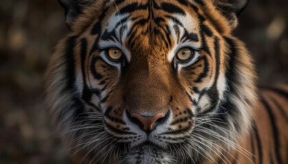 Naklejka premium Bengal tiger staring, close up of majestic striped animal head generated by AI