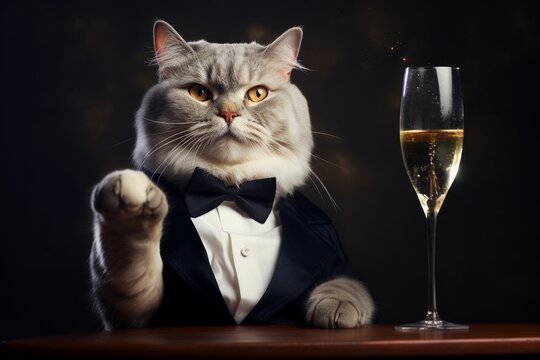 Funny fluffy cat dressed in a business suit and bow tie and a glass of champagne on black background