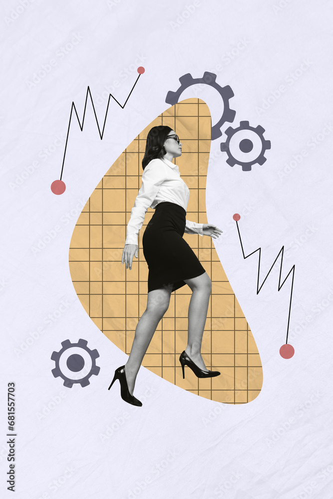 Poster Creative abstract template graphics collage image of purposeful lady creating successfully working start up isolated purple coloe background