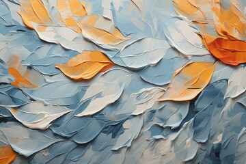 油絵のカラフルな背景）水色と白とオレンジの抽象的な葉の模様のテンプレート
