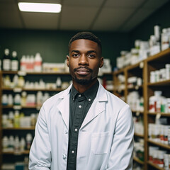 Obraz premium Pharmacist black man in the pharmacy.