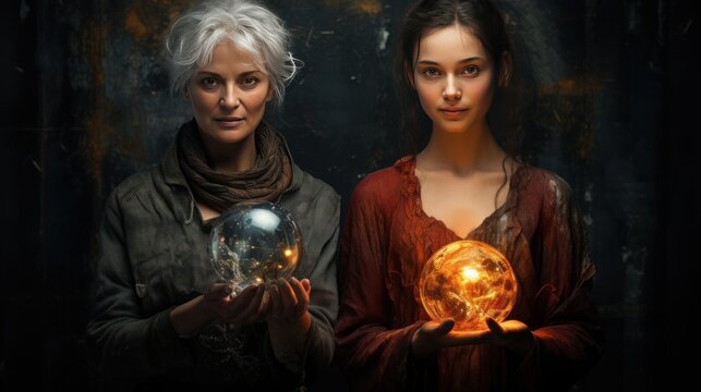 Women with crystal ball on dark background. Magic and mystery concept