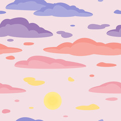 Sky seamless pattern. Sunset and clouds. Vector illustration for prints, wallpapers.