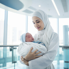 Muslim Pediatrician and midwife woman with a newborn baby in the hospital. - obrazy, fototapety, plakaty