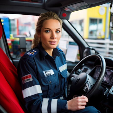 Female paramedic driver of an ambulance.
