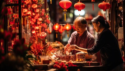senior asian couple buying decoration for Lunar New Year - obrazy, fototapety, plakaty