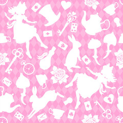 Wonderland seamless pattern. White silhouettes Alice, rabbit, key, tea cup and teapot, roses and other on pink chess background. Texture for fabric, wallpaper, decorative print - 681560320