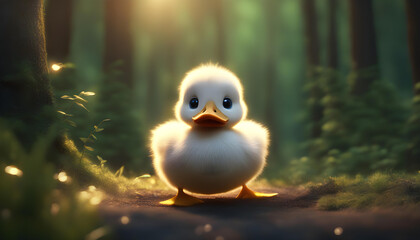 Baby fluffy duck with glowing eyes and forest background