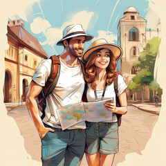 Honeymoon trip, backpacker tourist, tourism or holiday vacation travel concept