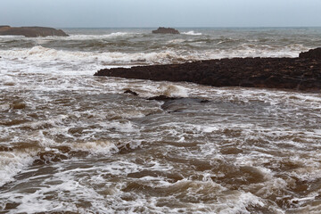 View of the volcanic shore of the stormy Atlantic Ocean in the area of Essaouira in Morocco.