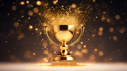 Gold trophy on gold background business and competition concept 