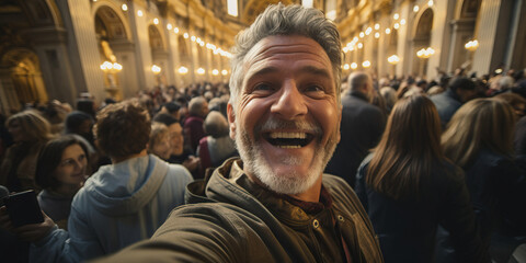 Happy man taking selfie at the Vatican crowded people. Concept of Cultural exploration through photography, joy of travel and exploration, capturing memories at iconic landmarks.