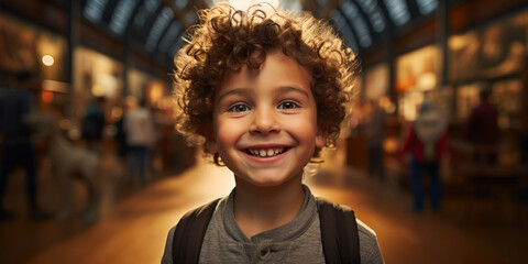 Young boy at history museum portrait looking at Dinosaur bones and artifacts. Concept of...