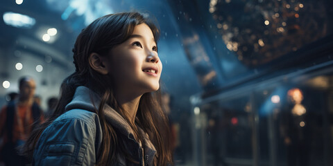 Asian girl Child Student Looking Up at Spacecraft. Field Trip at Museum. Concept of Learning, History, Space, Technology.
