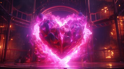 A giant 3D pink heart that is burning in purple flame.Generative AI
