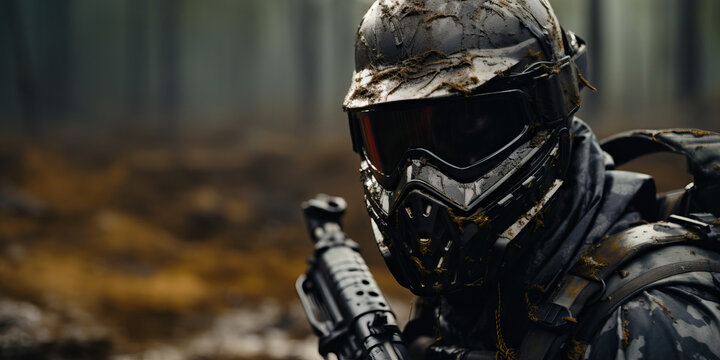 Paintball player wearing mask in forest ready for battle. Concept of Tactical paintball gaming, adrenaline-fueled paintball combat, forest paintball battlegrounds, camouflage and strategy.