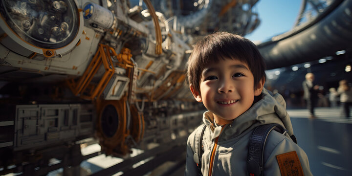 Asian boy Child Student Looking Up at Spacecraft. Field Trip at Museum. Concept of Learning, History, Space, Technology.
