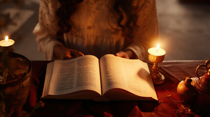 Close up of woman reading big magical book under candle light. Concept of Enchanting reading ambiance, mystical book exploration, magical literature immersion.