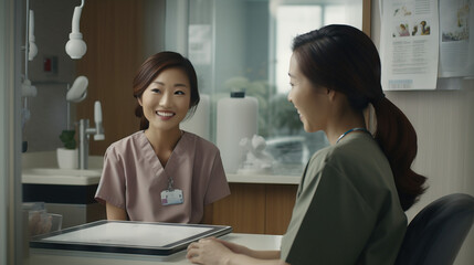 Obraz premium Asian doctor nurse giving patient medical advice at hospital. Concept of Healthcare consultation, doctor-patient conversation, medical advice, healthcare choices, patient care options.