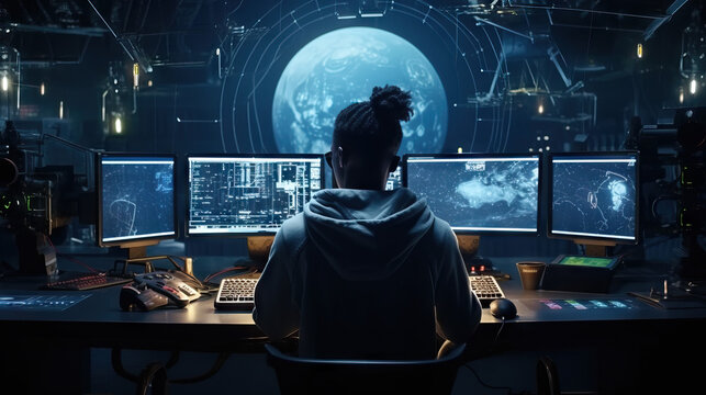 Female hacker working on multiple computer screens. Blue data. Concept of Technology professional, multitasking, data analysis, tech-savvy worker, computer screens, information processing.
