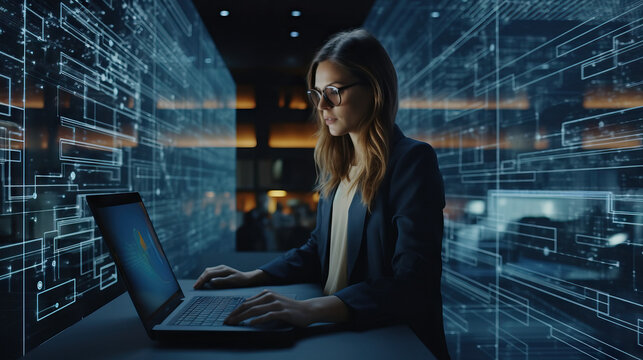 Female worker in big data center technology hacking. Concept of Technology professional, multitasking, data analysis, tech-savvy worker, computer screens, information processing. - Powered by Adobe