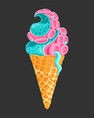 Ice cream cone monster's tentacle. Pink tentacles of a monster with dripping slime and glaze. Creative vector illustration for poster, banner, card, menu
