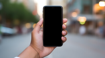 Hand Holding Smartphone with Blank Screen Urban Background