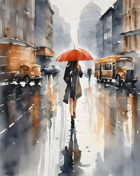 Watercolor art of the rainy night city
