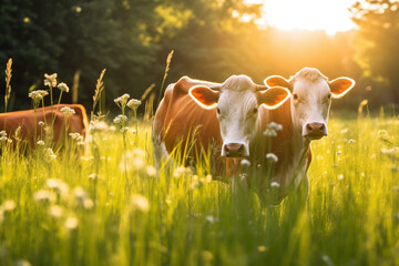 symbiotic relationship between cows and meadows, embodying contented cattle, lush grass, and cycle...