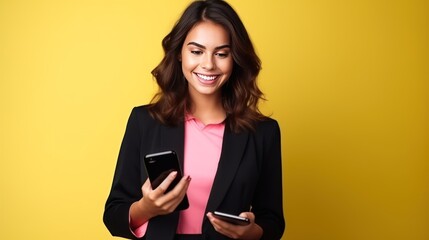 Happy smiling young businesswoman using mobile phone over yellow background