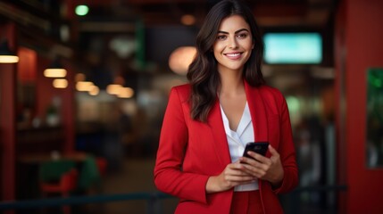 Smiling businesswoman using mobile phone in the office