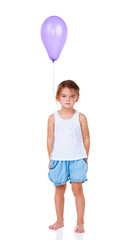 Portrait, balloon and a sad girl child feeling lonely in studio isolated on a white background for a party. Children, depression or unhappy with a young kid looking upset or miserable at a birthday