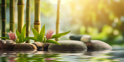Zen stones, bamboo, flower and water in a peaceful zen garden, relaxation time, wellness and...