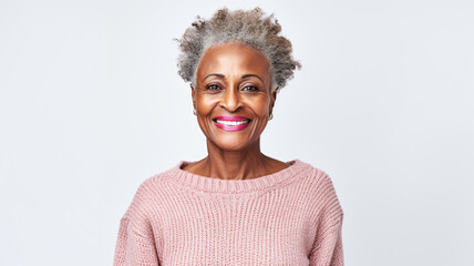 Happy black senior woman wearing cosy sweater in a studio shoot standing against grey background.  