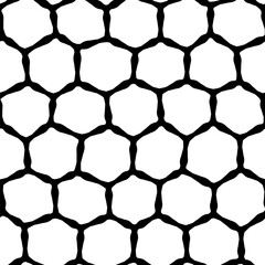 A bold black and white seamless abstract pattern featuring a honeycomb motif in a mesh-like design on white background