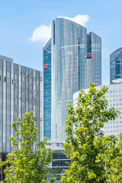 Top of Societe Generale towers in La Defense business district in Paris, France 