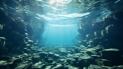 Underwater view of blue ocean with sunbeams and coral reef,Generative AI