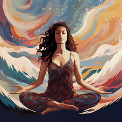 Attractive young woman meditating in the lotus position surrounded by psychedelic landscape and psychic waves - obrazy, fototapety, plakaty