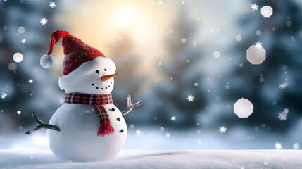 Naklejka na ściany i meble Happy snowman standing in christmas landscape