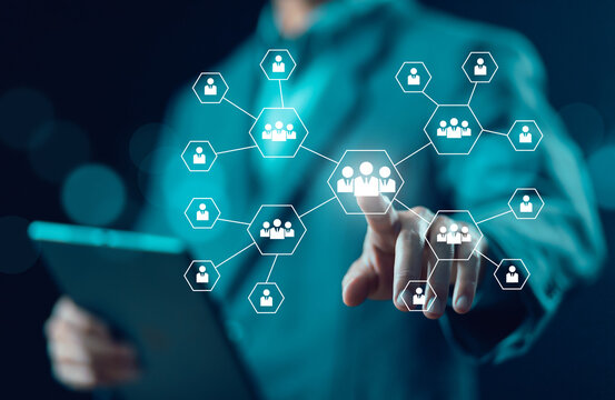 recruitment process manages people and business on technology digital. concept of human resource manager, HR, or CRM, company service to recruit customers, hiring on network links worldwide