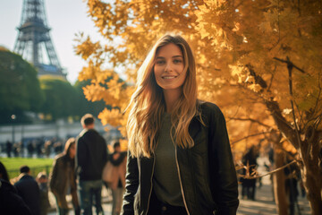 Fototapeta na wymiar Young woman enjoying the fall colors in autumn on a short trip to Paris.