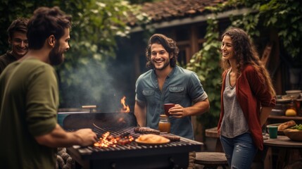 Group of friends having barbecue party outdoors - Young people having fun on summer vacation