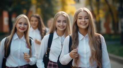 Happy schoolgirls walking in the park. Back to school