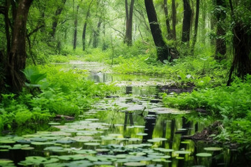 vibrant greenery of lush swamp, with verdant vegetation, tranquil waters, and sense of thriving life in this verdant wetland --v 5.1