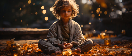 Inneres Erwachen: Kind meditiert für innere Gelassenheit - obrazy, fototapety, plakaty
