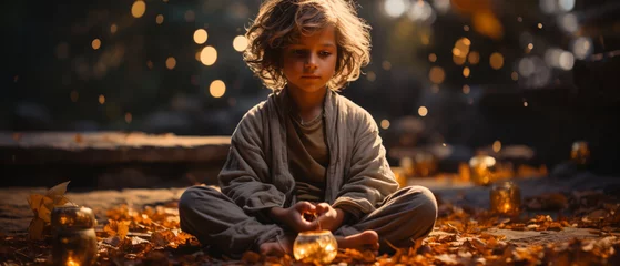 Fotobehang Inneres Erwachen: Kind meditiert für innere Gelassenheit © PhotoArtBC