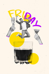 Vertical creative collage photo of young positive man funny jumping in glass cocktail whisky at friday party isolated on beige background