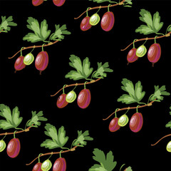 Ripe gooseberries seamless pattern. Summer berry background with berries. vector illustration, hand-drawing